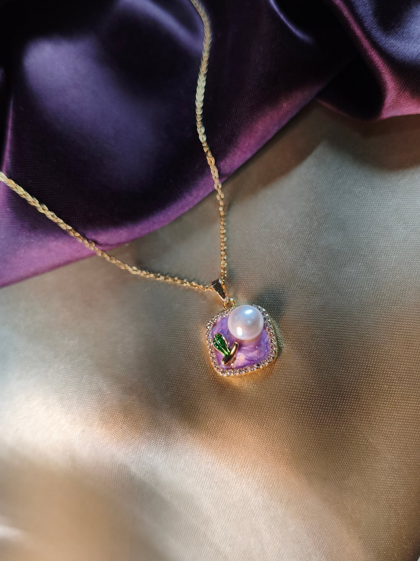 Pink Enamel Pearl Square Pendant