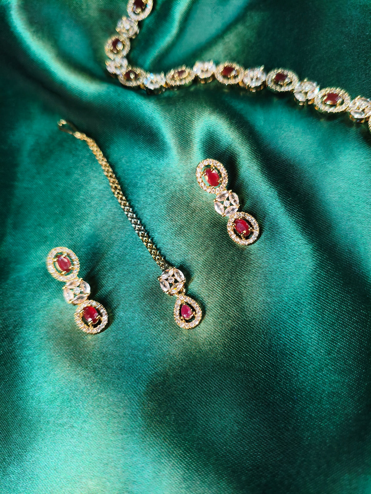 Ruby Sparkle CZ Choker with Earrings & Maangtikka