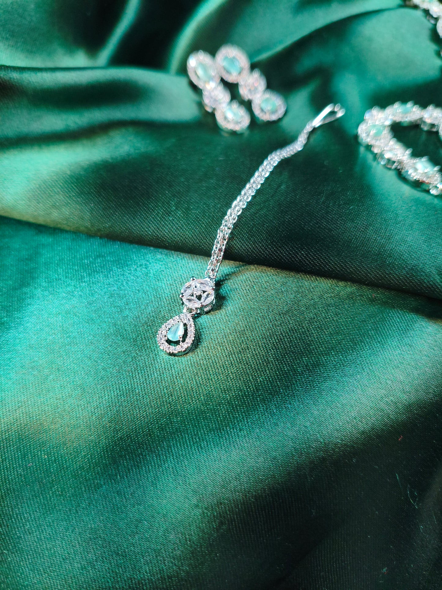 Mint Glow CZ Choker with Earrings & Maangtikka