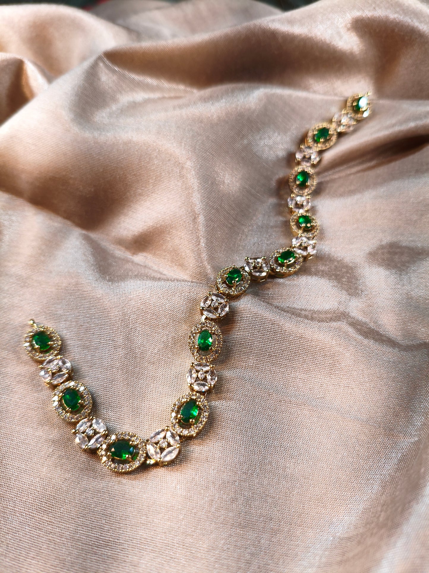 Emerald Sparkle CZ Choker with Earrings & Maangtikka