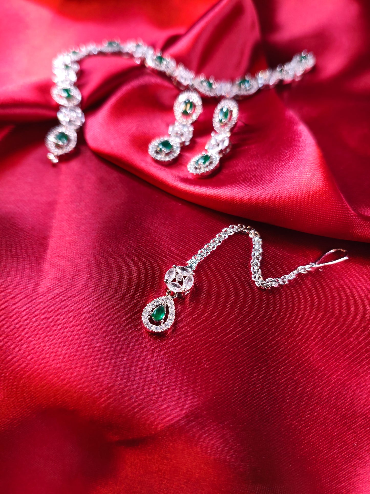 Emerald Glow CZ Choker with Earrings & Maangtikka