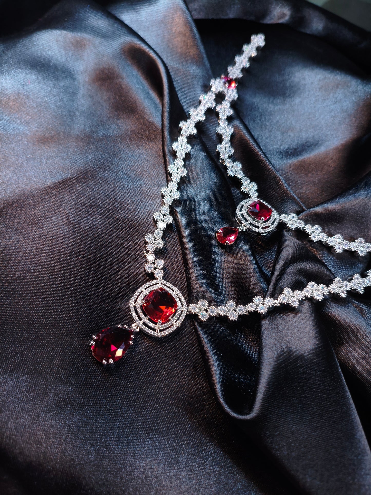 Crystal Bloom Ruby Layered Necklace Set