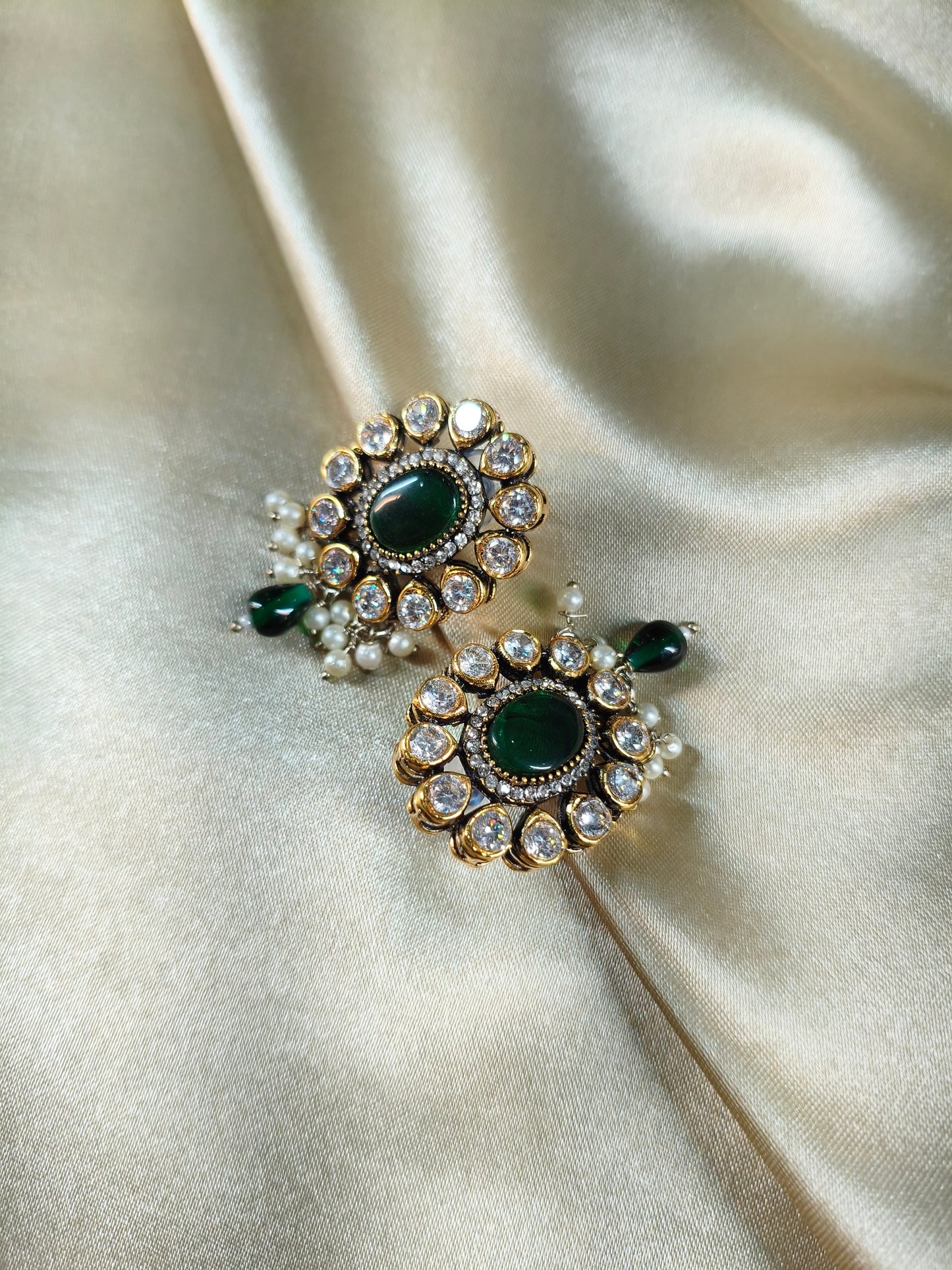 Emerald Halo Pearl Drop Stud Earrings
