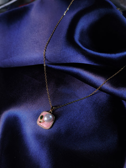 Pink Enamel Pearl Square Pendant