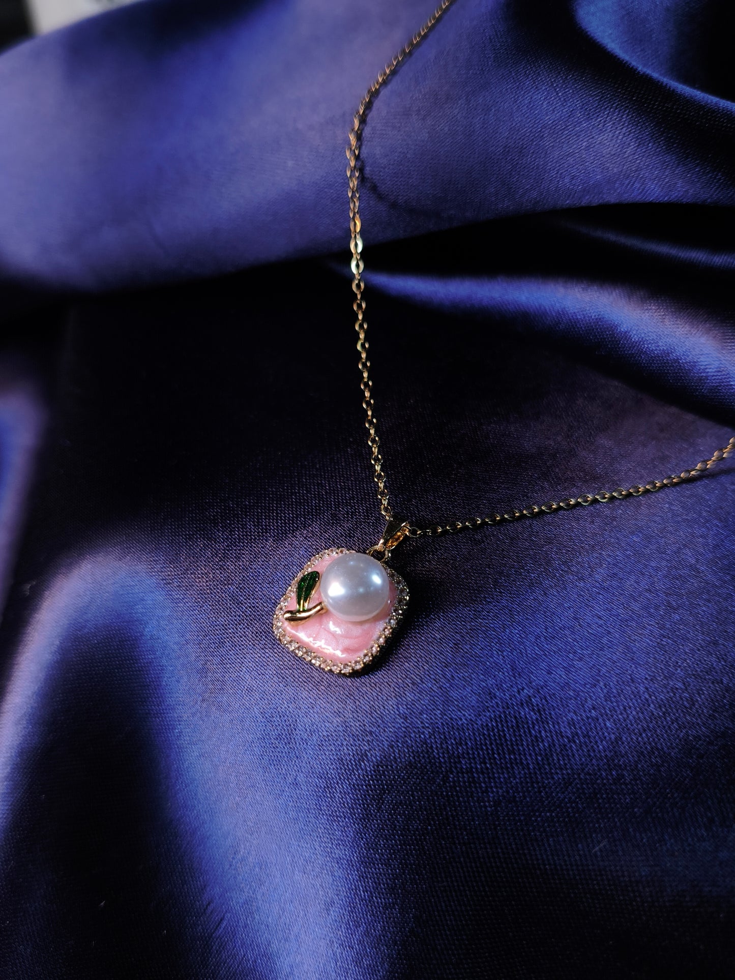 Pink Enamel Pearl Square Pendant