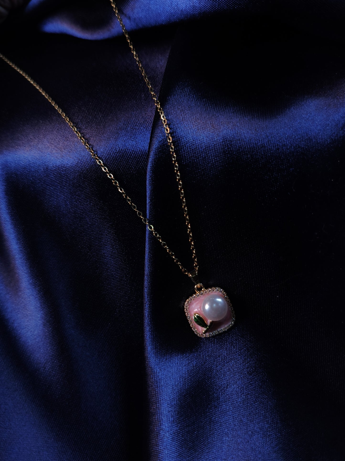 Pink Enamel Pearl Square Pendant