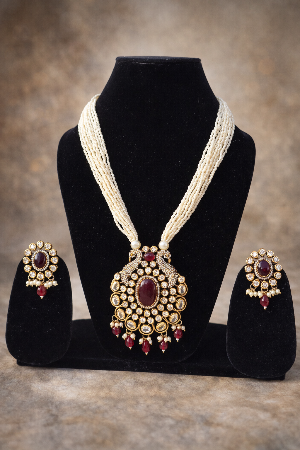 Rajwadi Ruby Pearl Statement Necklace Set