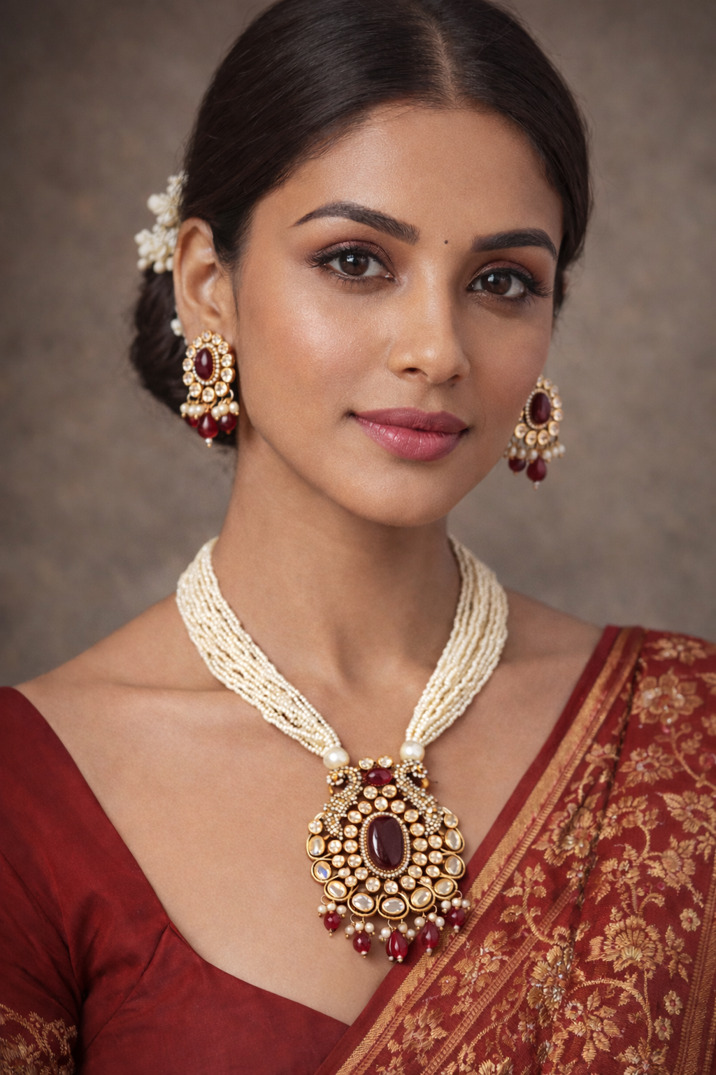 Rajwadi Ruby Pearl Statement Necklace Set