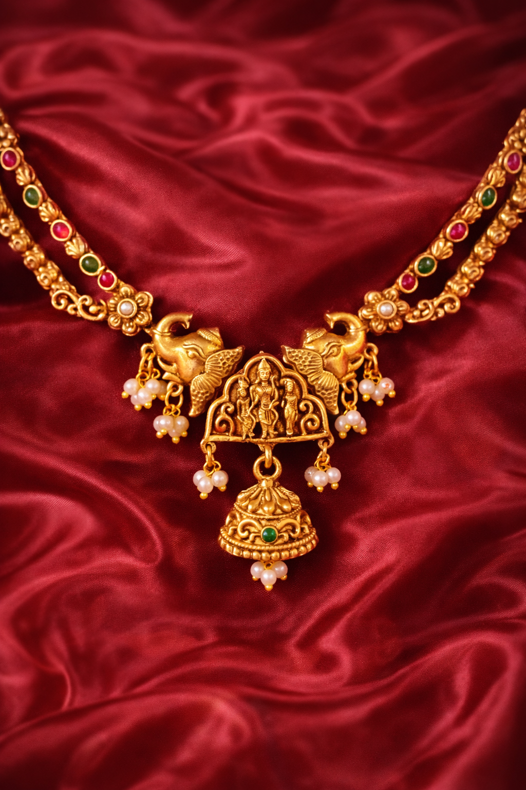 Shri Ram–Sita–Laxman Divine Heritage Gold Necklace and Half Jhumki set