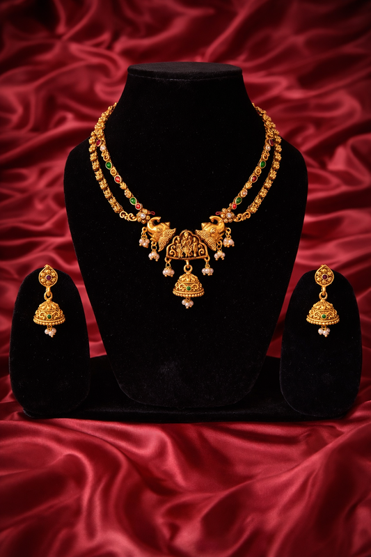 Shri Ram–Sita–Laxman Divine Heritage Gold Necklace and Half Jhumki set