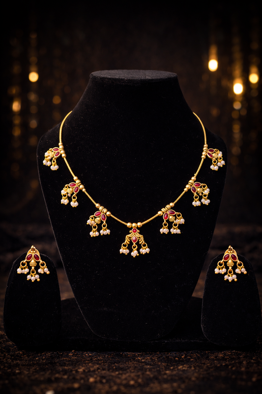 Ruby Pearl Drop Invisible Necklace Set