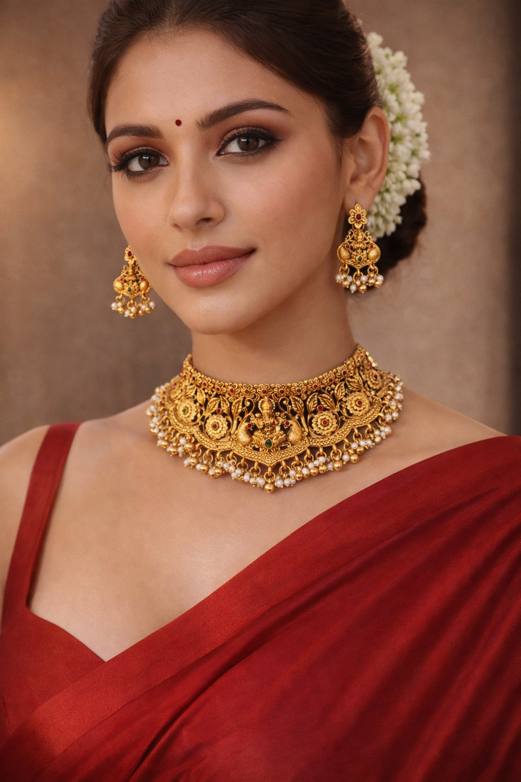 Classic Goddess Lakshmi Pearl Drop Choker Necklace Set