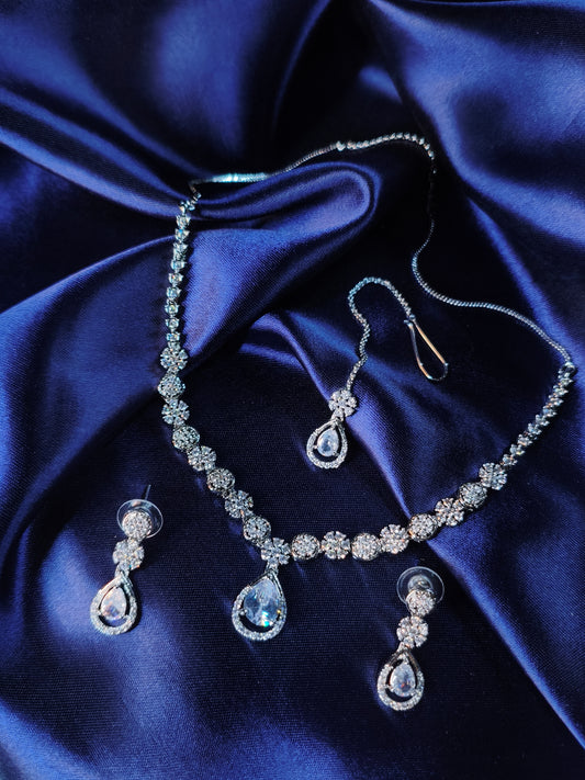 Silver Dewdrop CZ Necklace with Earrings & Maangtikka