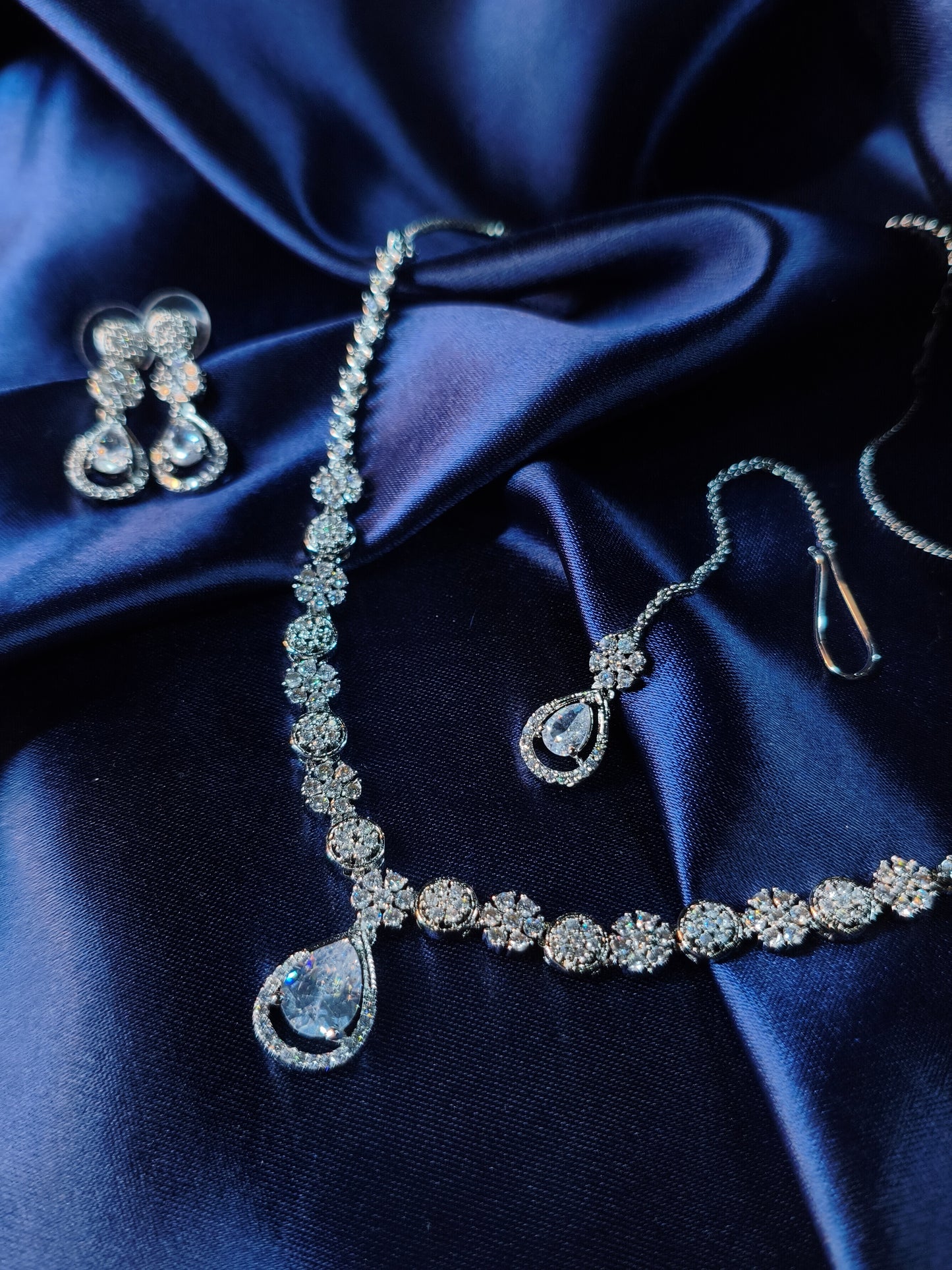 Silver Dewdrop CZ Necklace with Earrings & Maangtikka