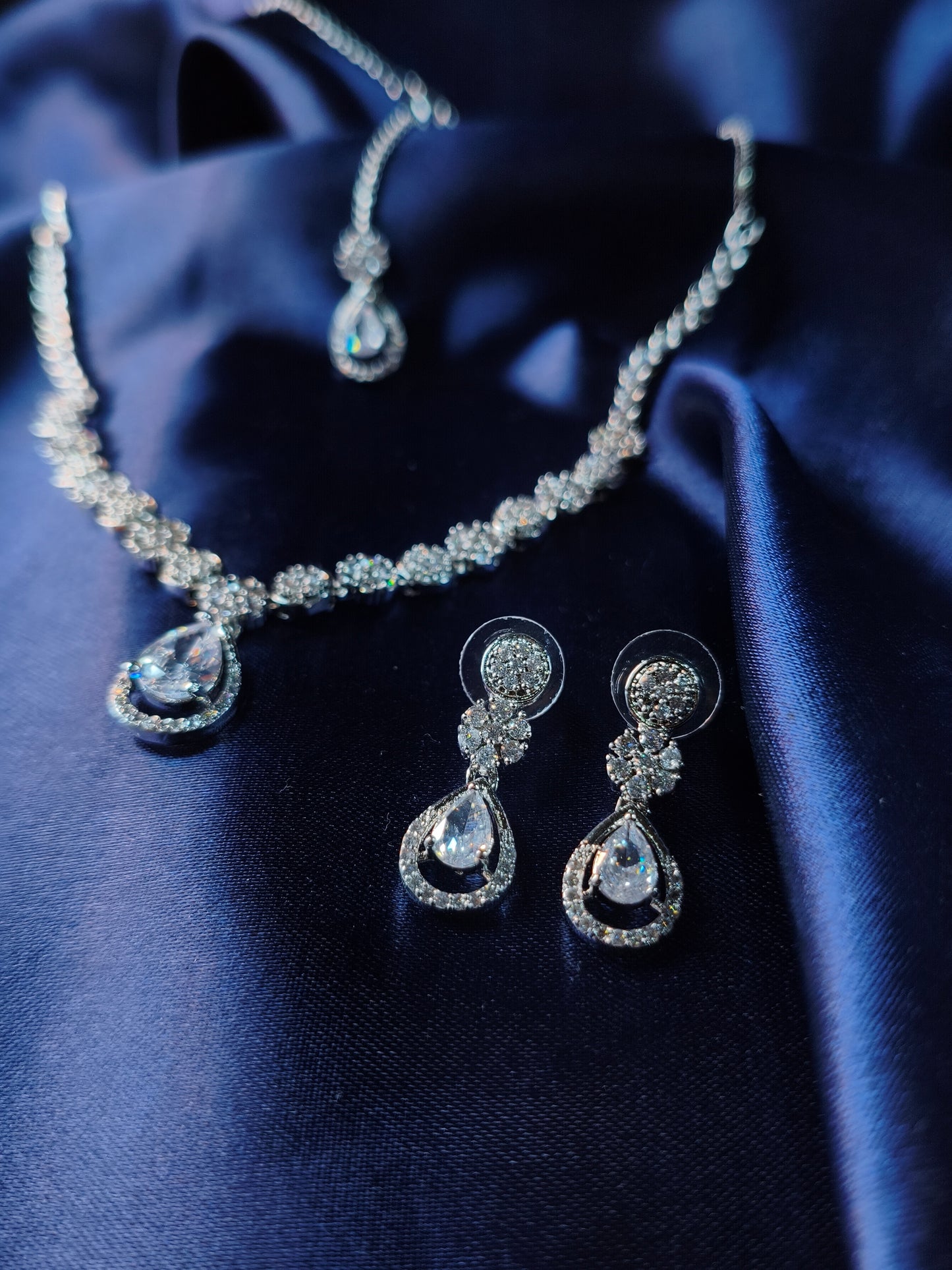 Silver Dewdrop CZ Necklace with Earrings & Maangtikka