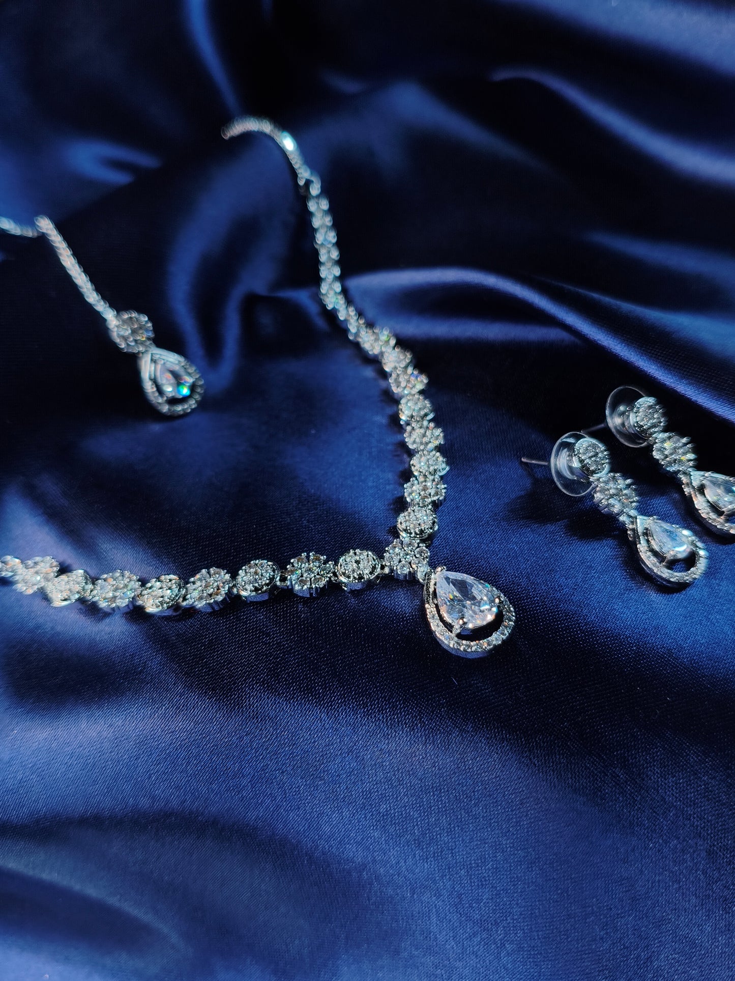 Silver Dewdrop CZ Necklace with Earrings & Maangtikka