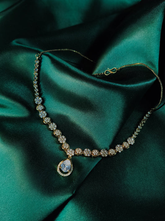 Menhdi Gold Dewdrop CZ Necklace with Earrings & Maangtikka