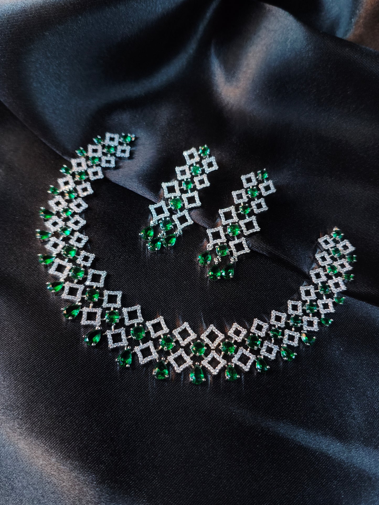 Emerald Lattice CZ Statement Necklace Set