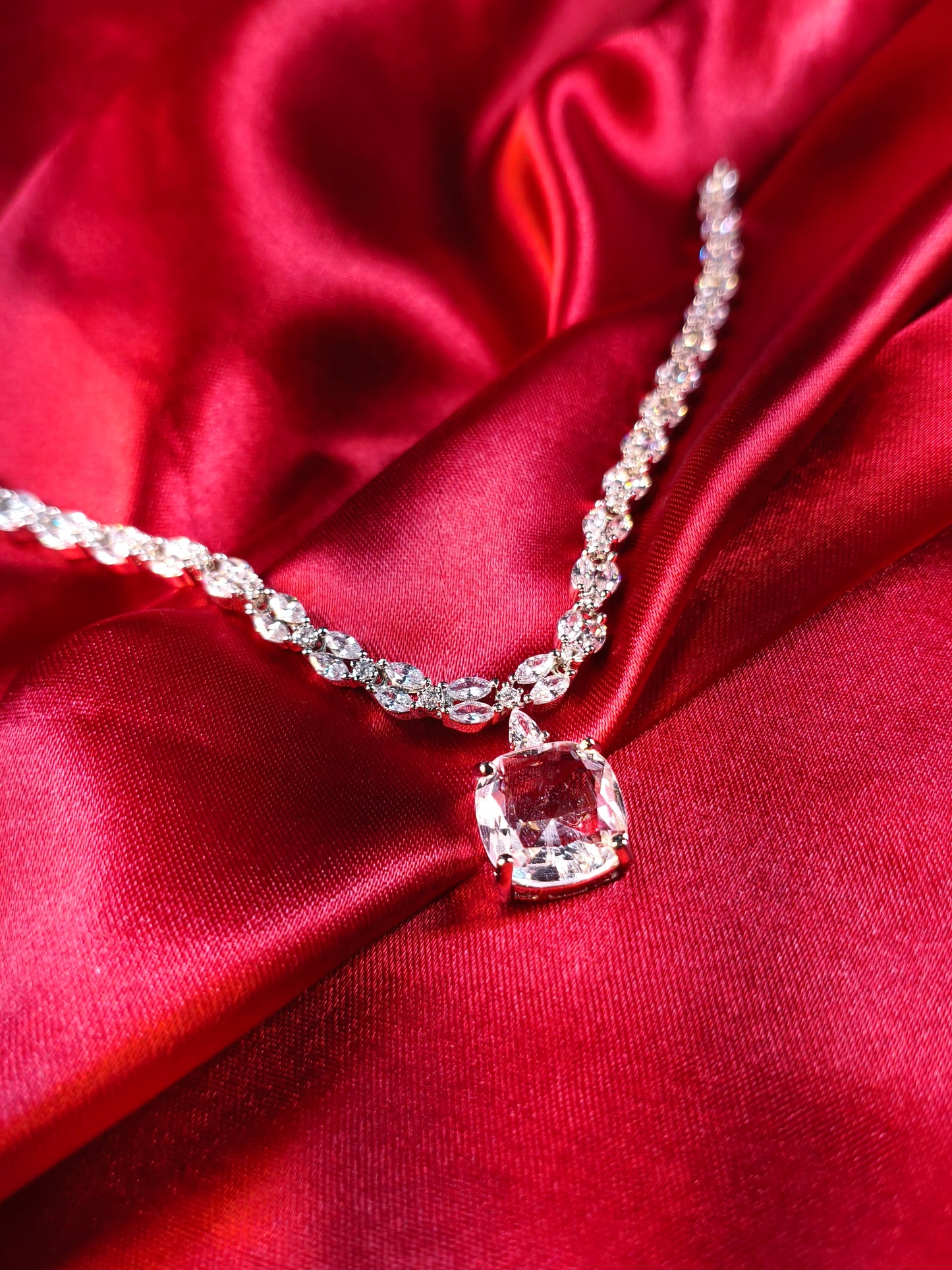 Crystal Cushion Solitaire Necklace Set