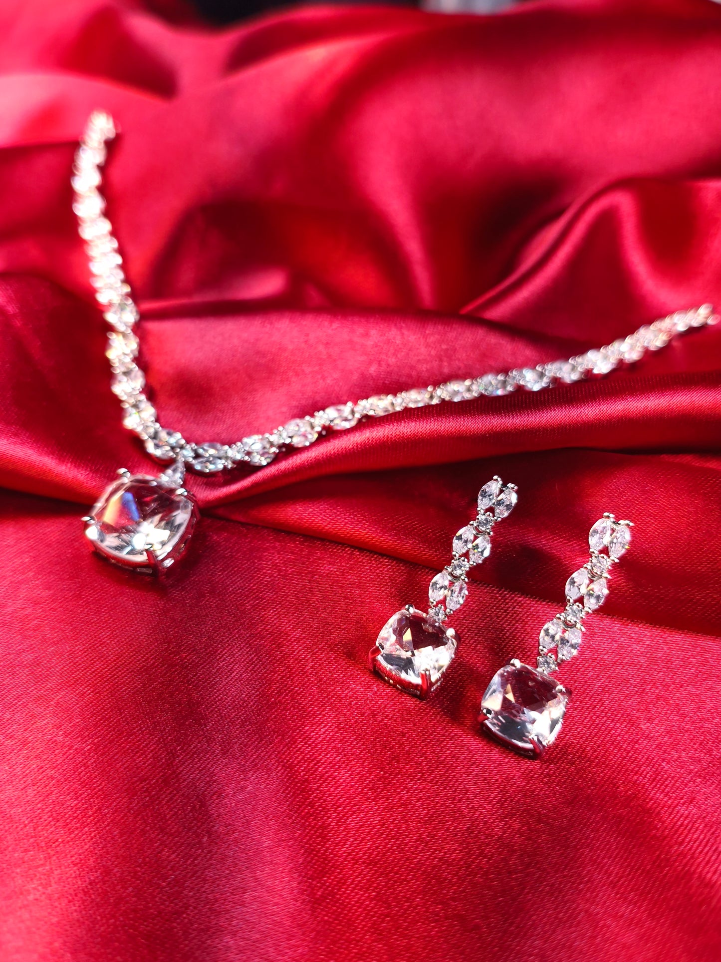 Crystal Cushion Solitaire Necklace Set