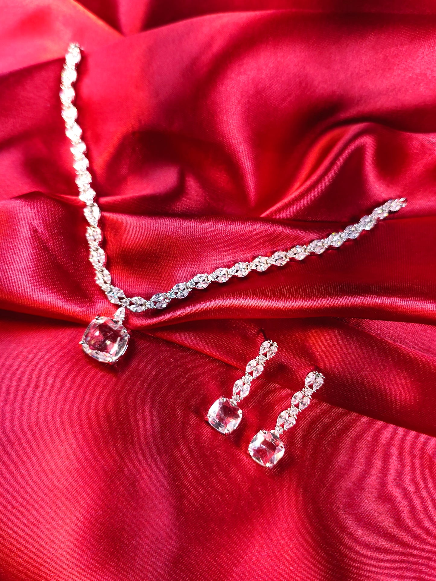 Crystal Cushion Solitaire Necklace Set