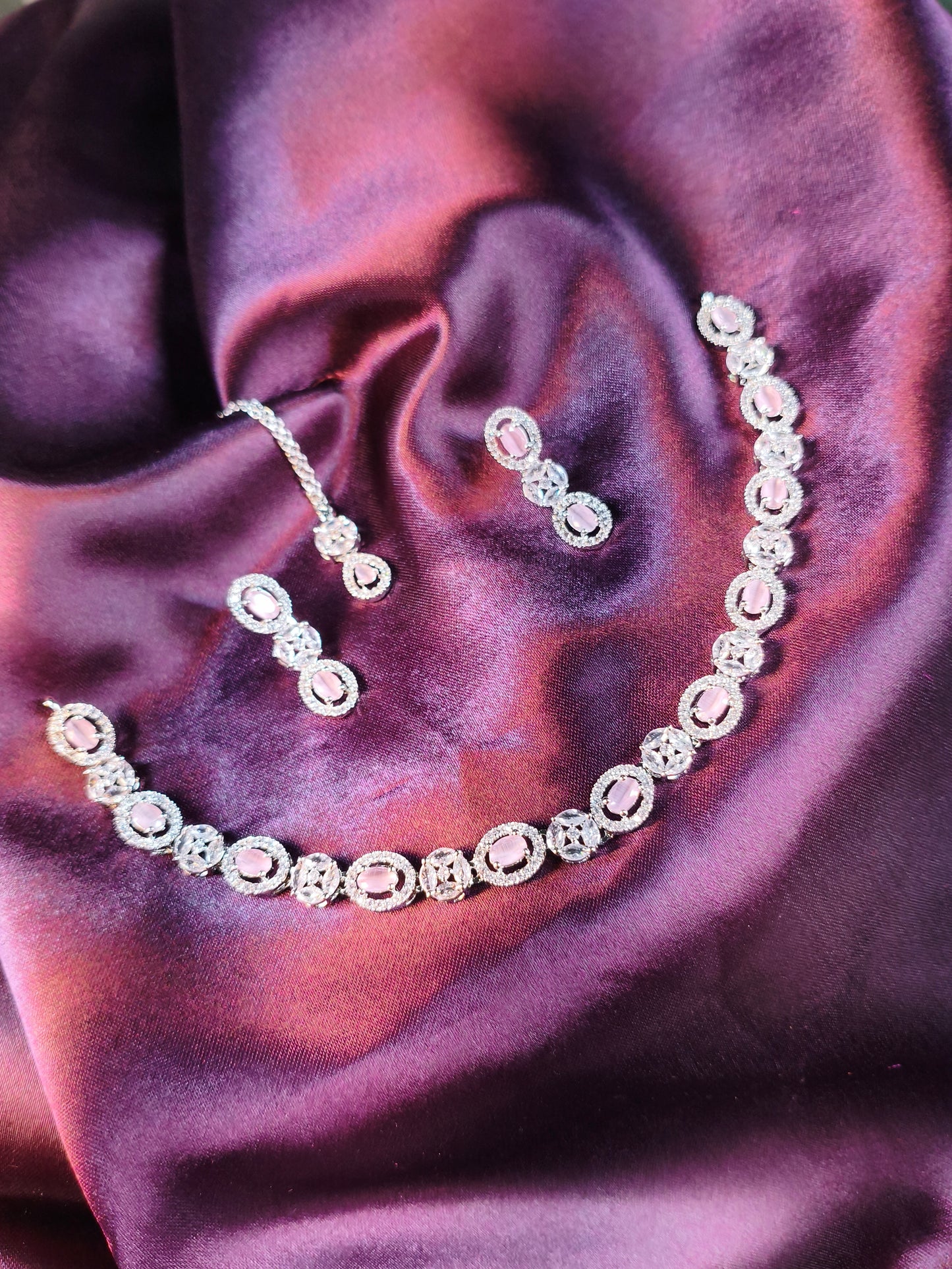 Blush Ice CZ Choker with Earrings & Maangtikka