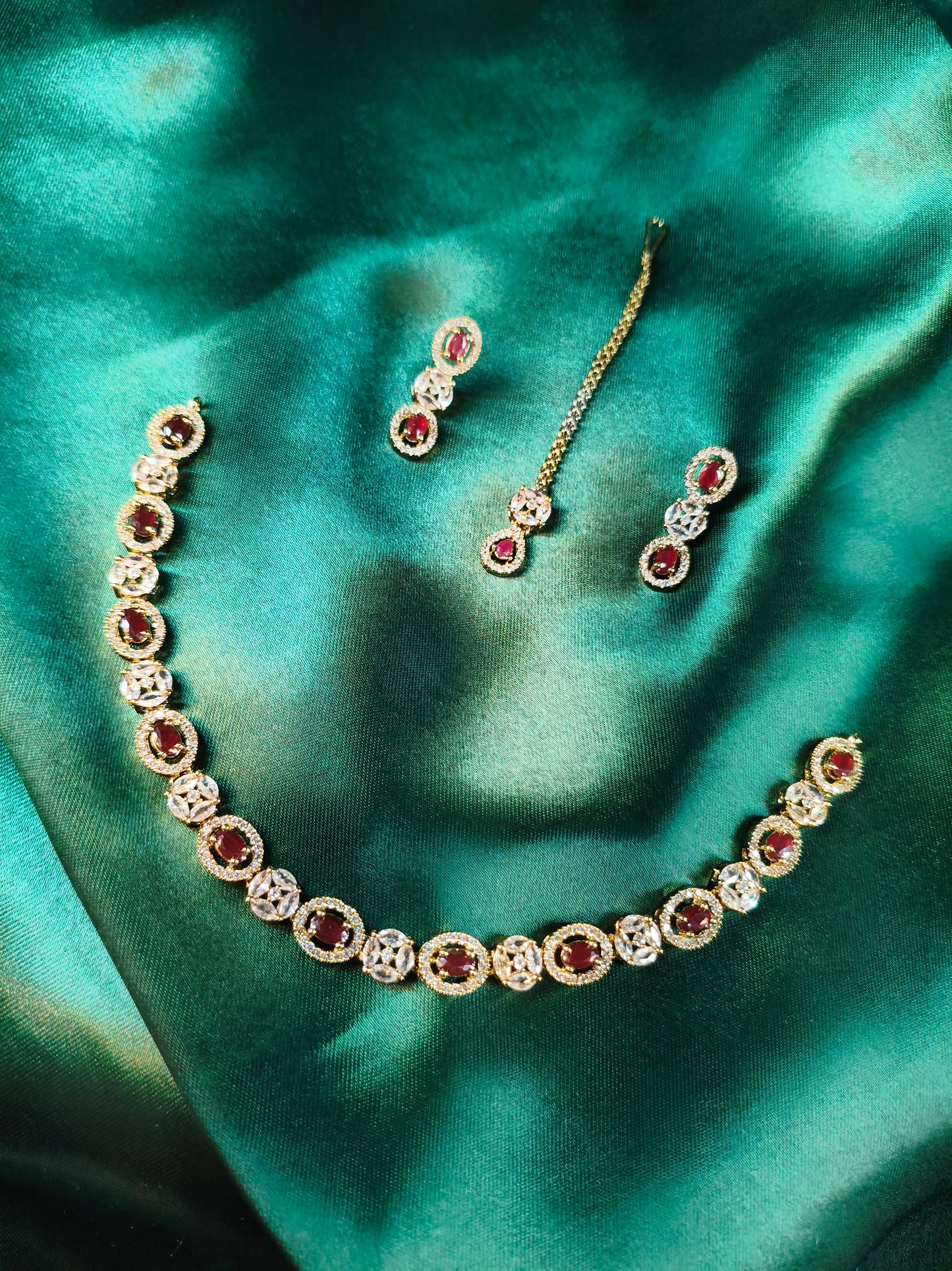 Ruby Sparkle CZ Choker with Earrings & Maangtikka