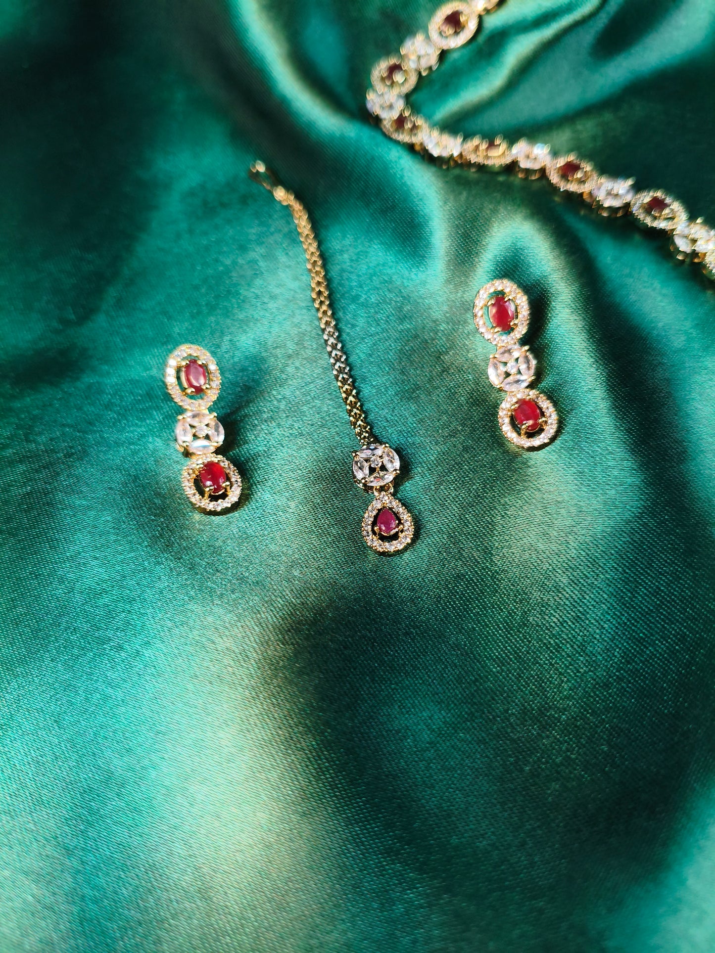 Ruby Sparkle CZ Choker with Earrings & Maangtikka