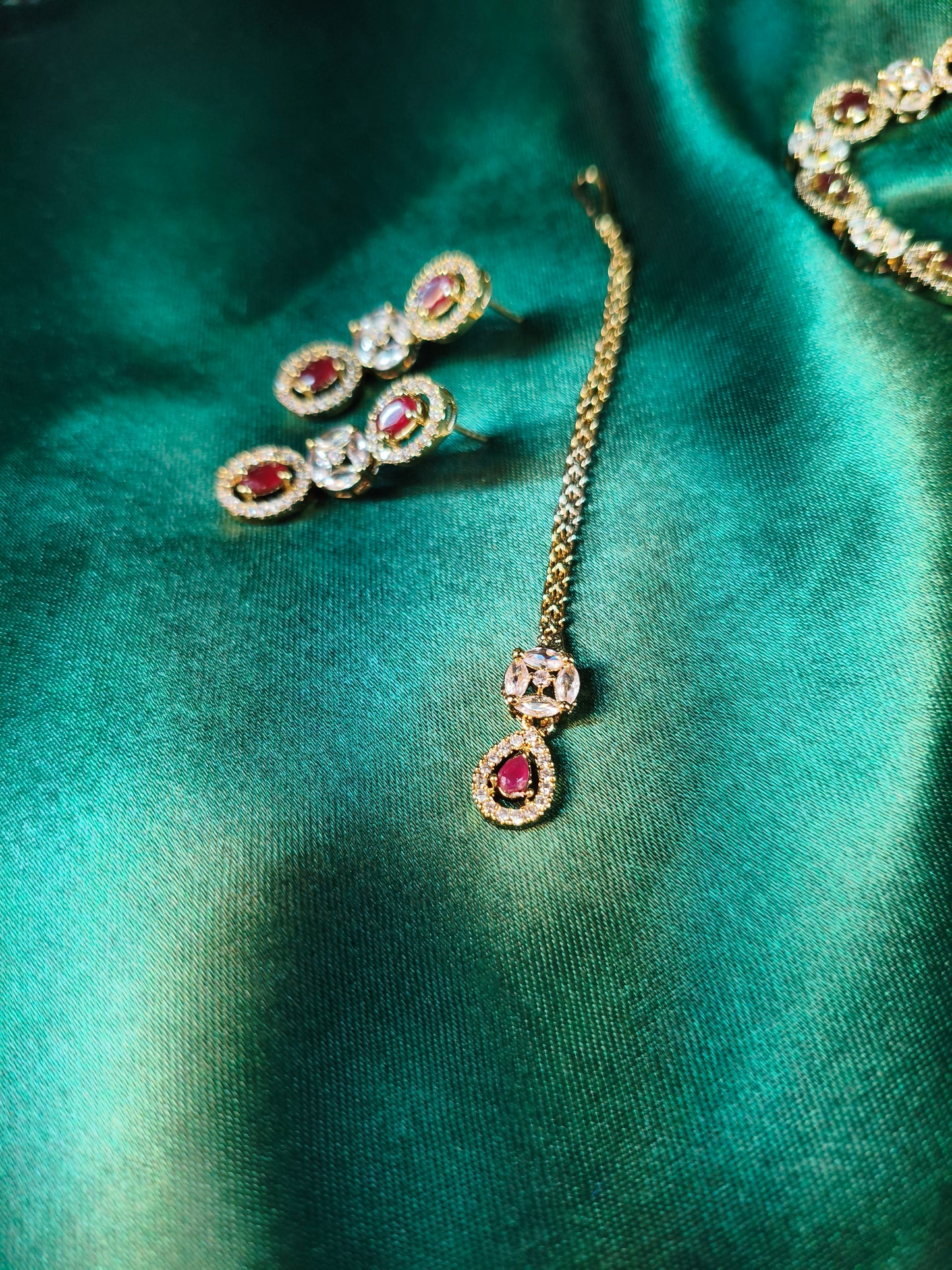 Ruby Sparkle CZ Choker with Earrings & Maangtikka