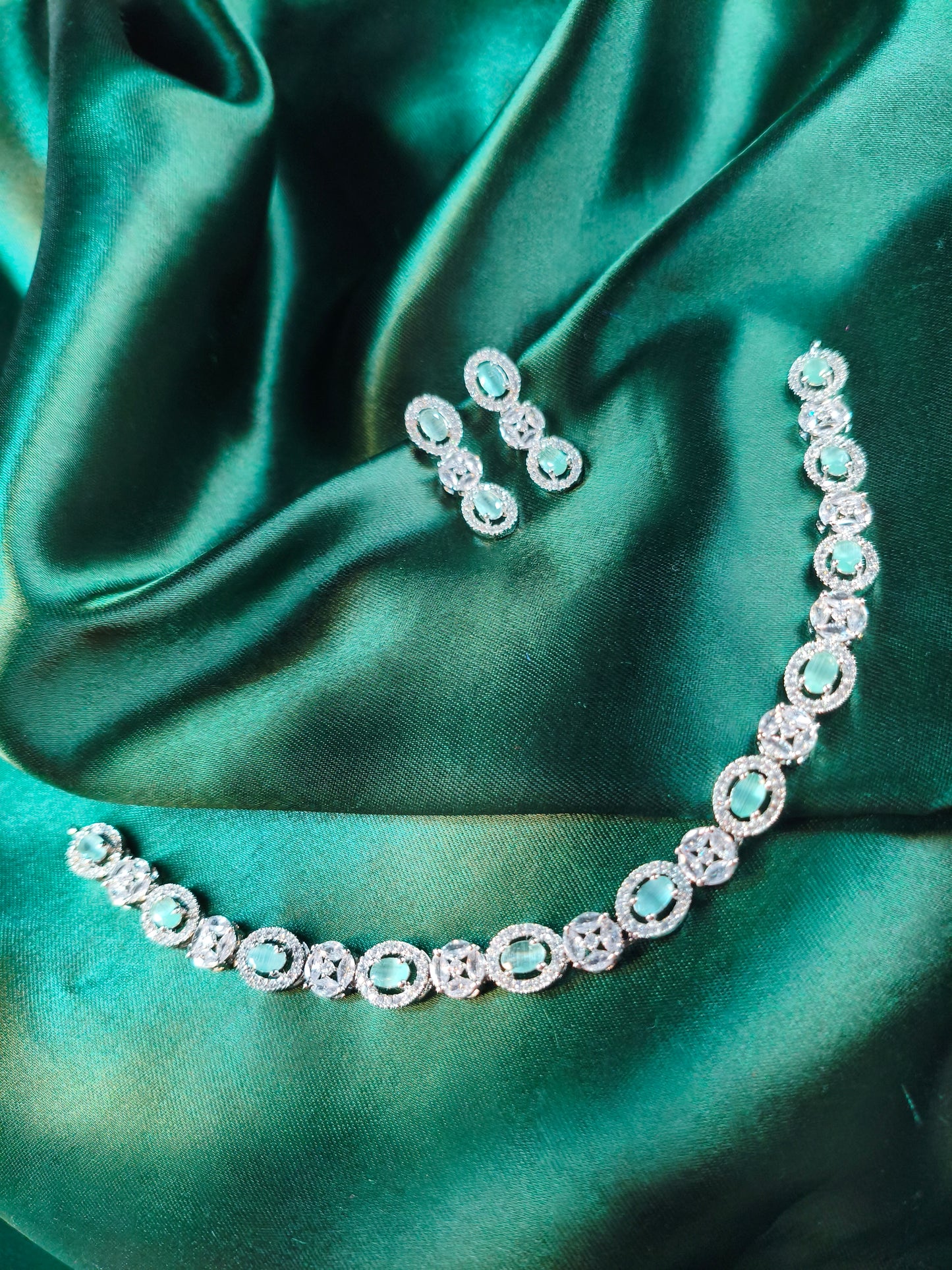 Mint Glow CZ Choker with Earrings & Maangtikka