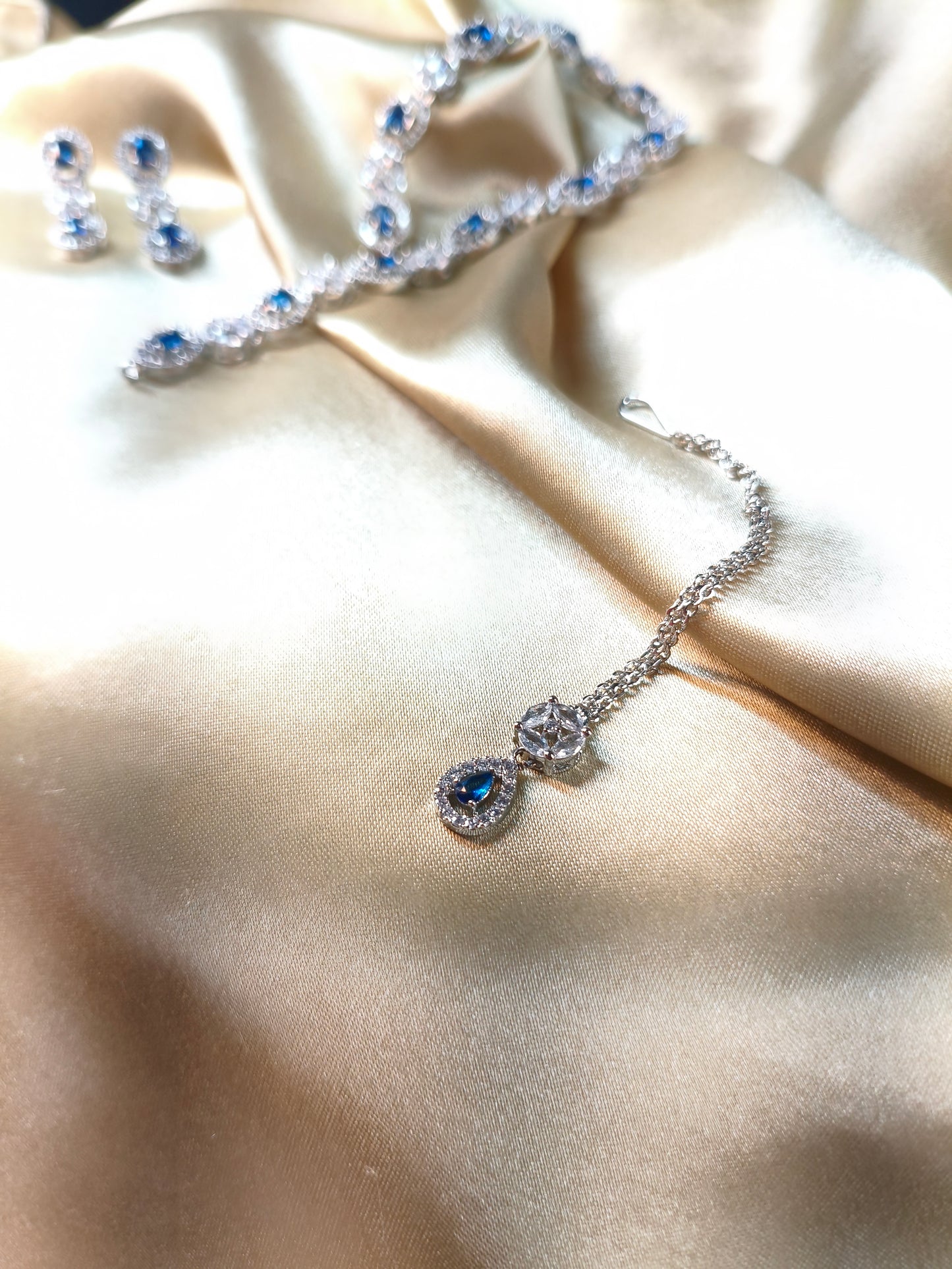 Royal Sapphire CZ Choker with Earrings & Maangtikka