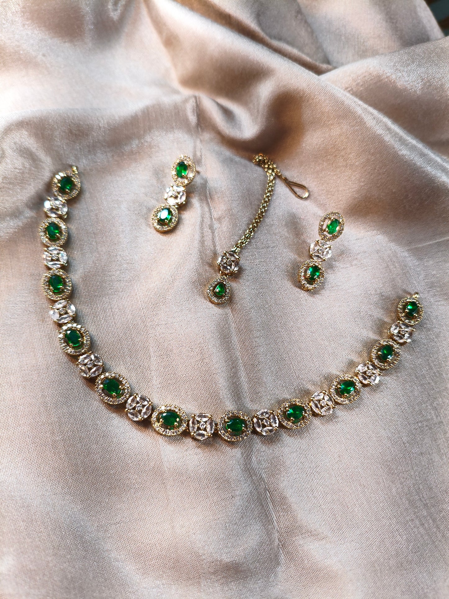Emerald Sparkle CZ Choker with Earrings & Maangtikka
