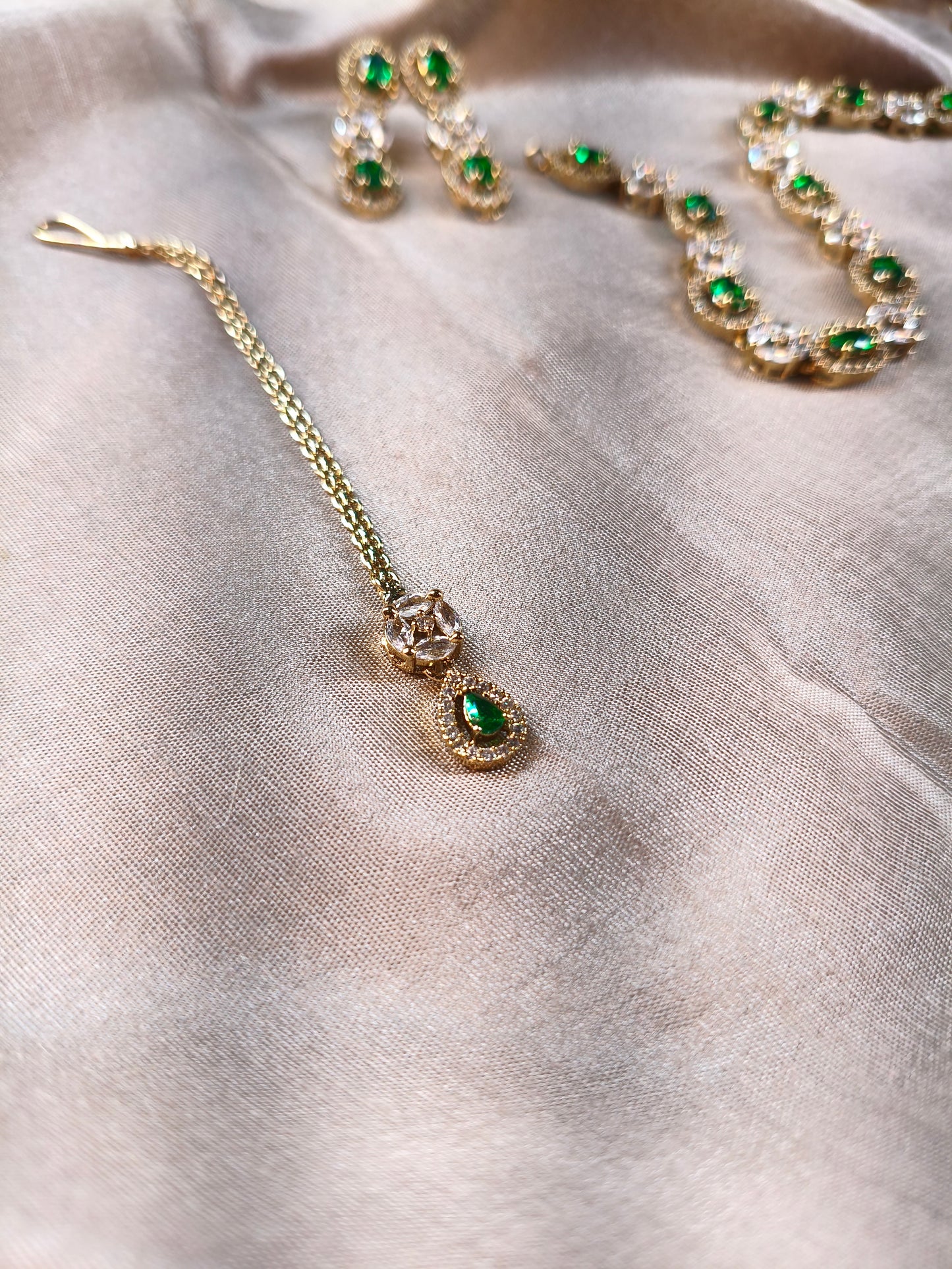 Emerald Sparkle CZ Choker with Earrings & Maangtikka