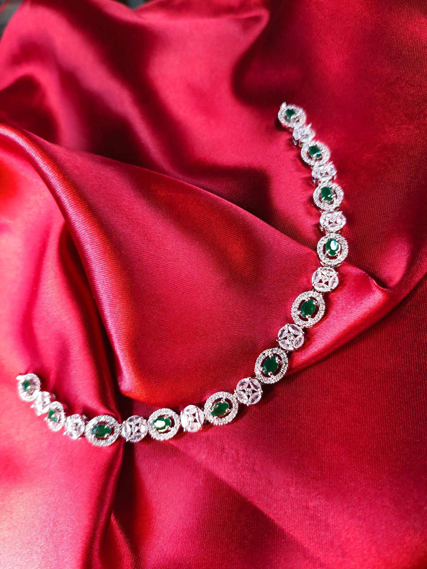 Emerald Glow CZ Choker with Earrings & Maangtikka