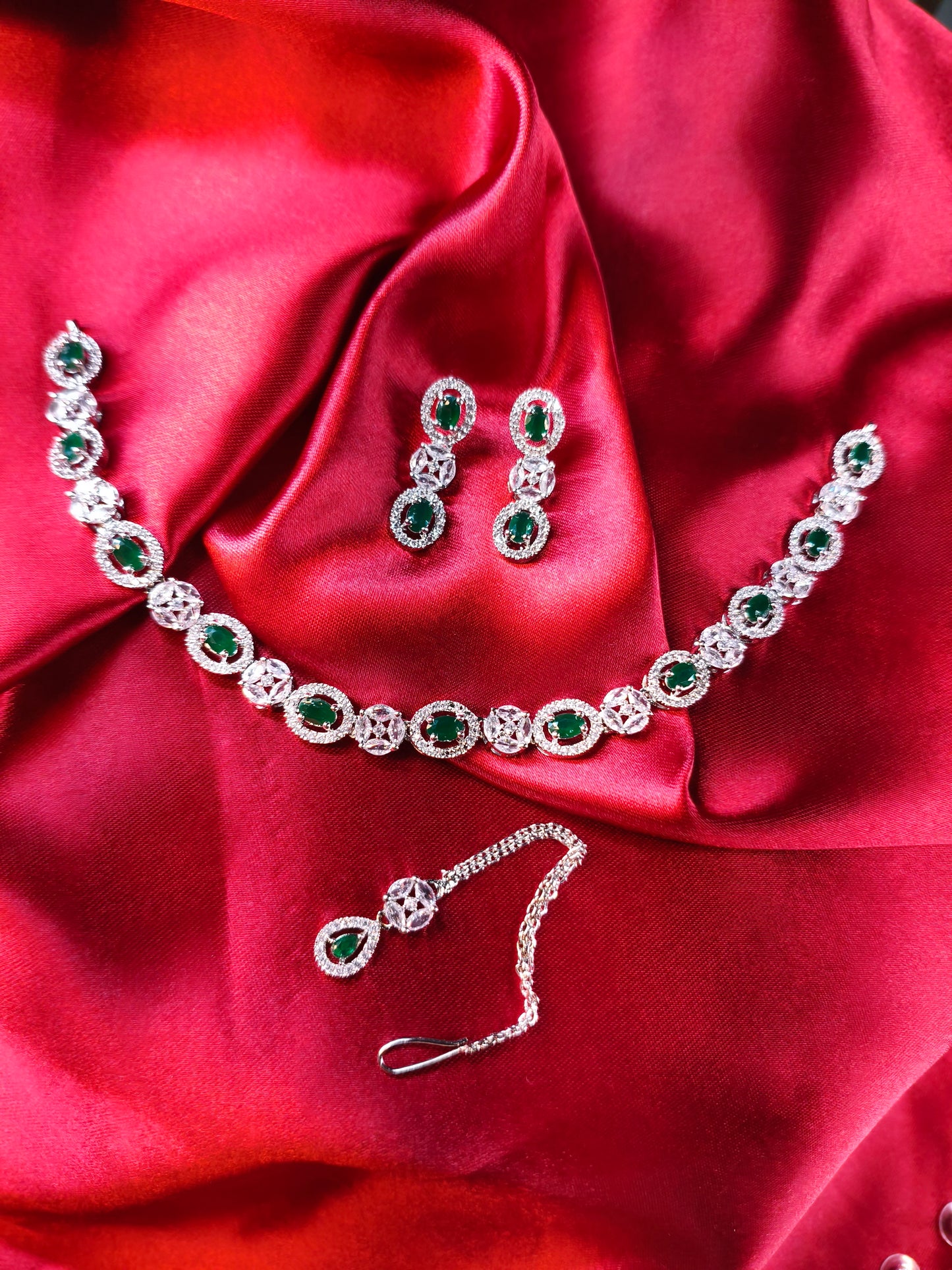 Emerald Glow CZ Choker with Earrings & Maangtikka