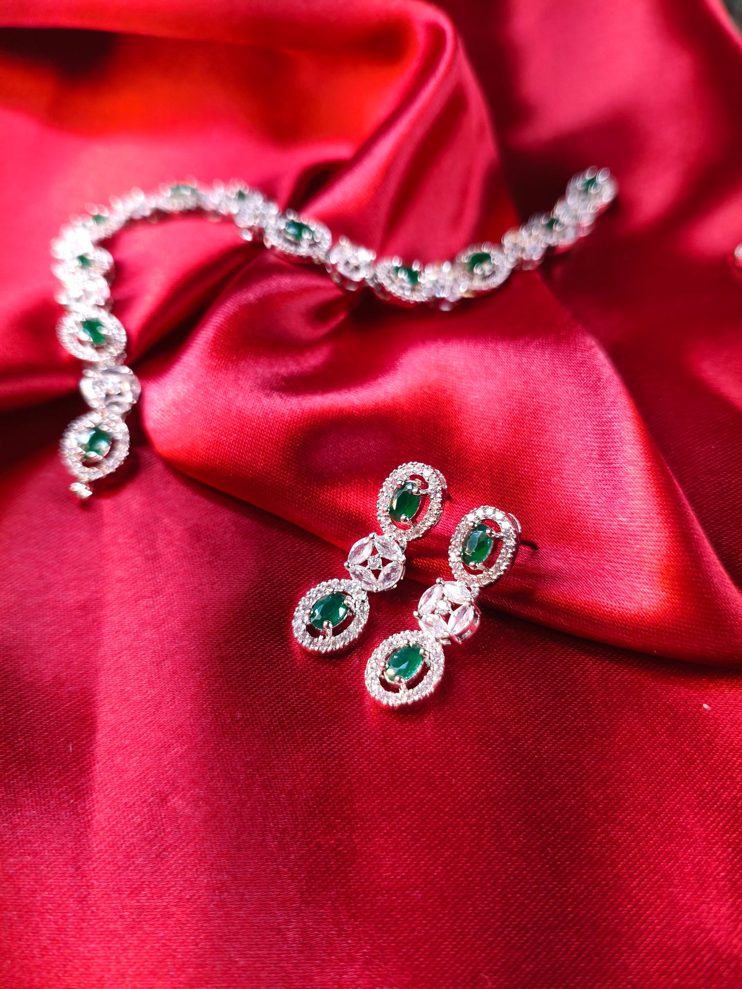 Emerald Glow CZ Choker with Earrings & Maangtikka