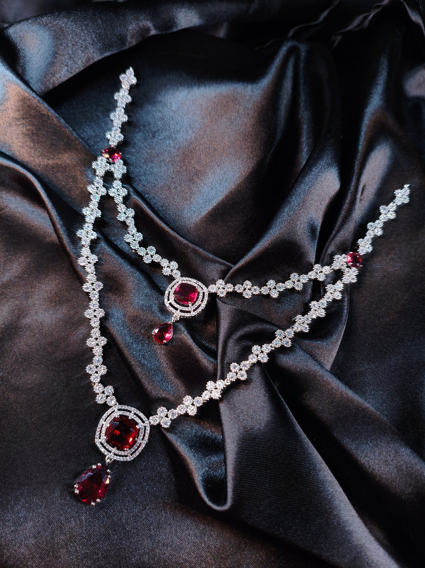 Crystal Bloom Ruby Layered Necklace Set