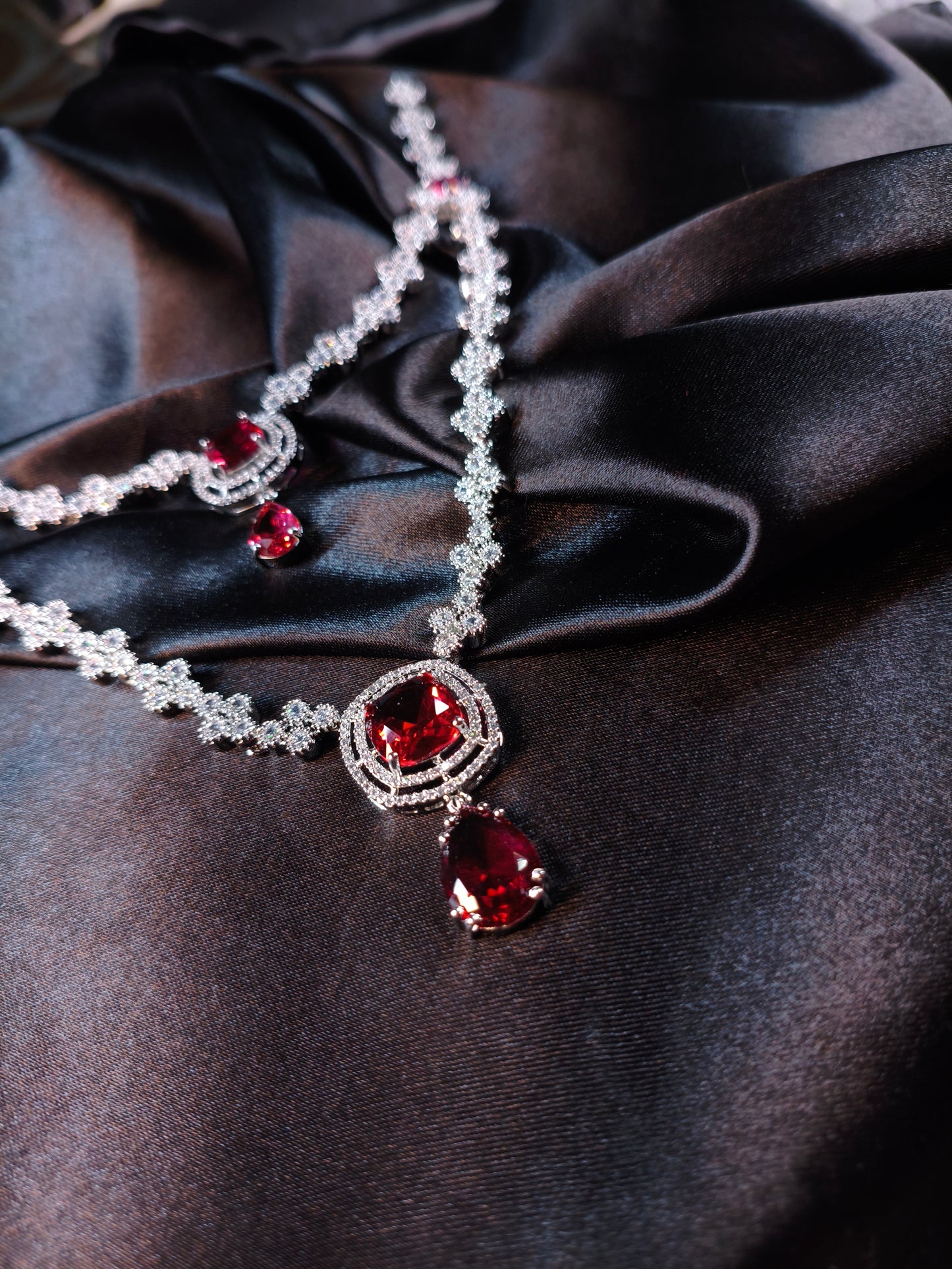 Crystal Bloom Ruby Layered Necklace Set