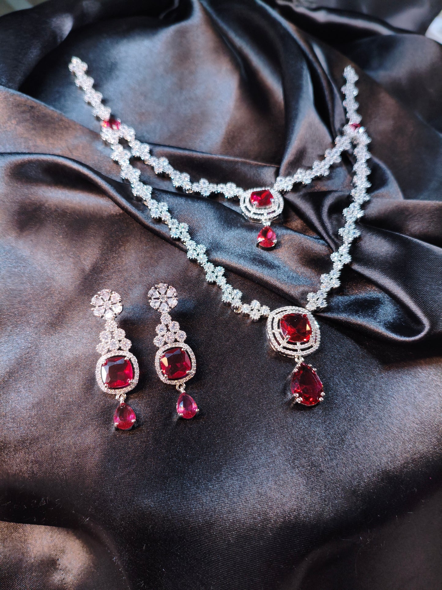 Crystal Bloom Ruby Layered Necklace Set