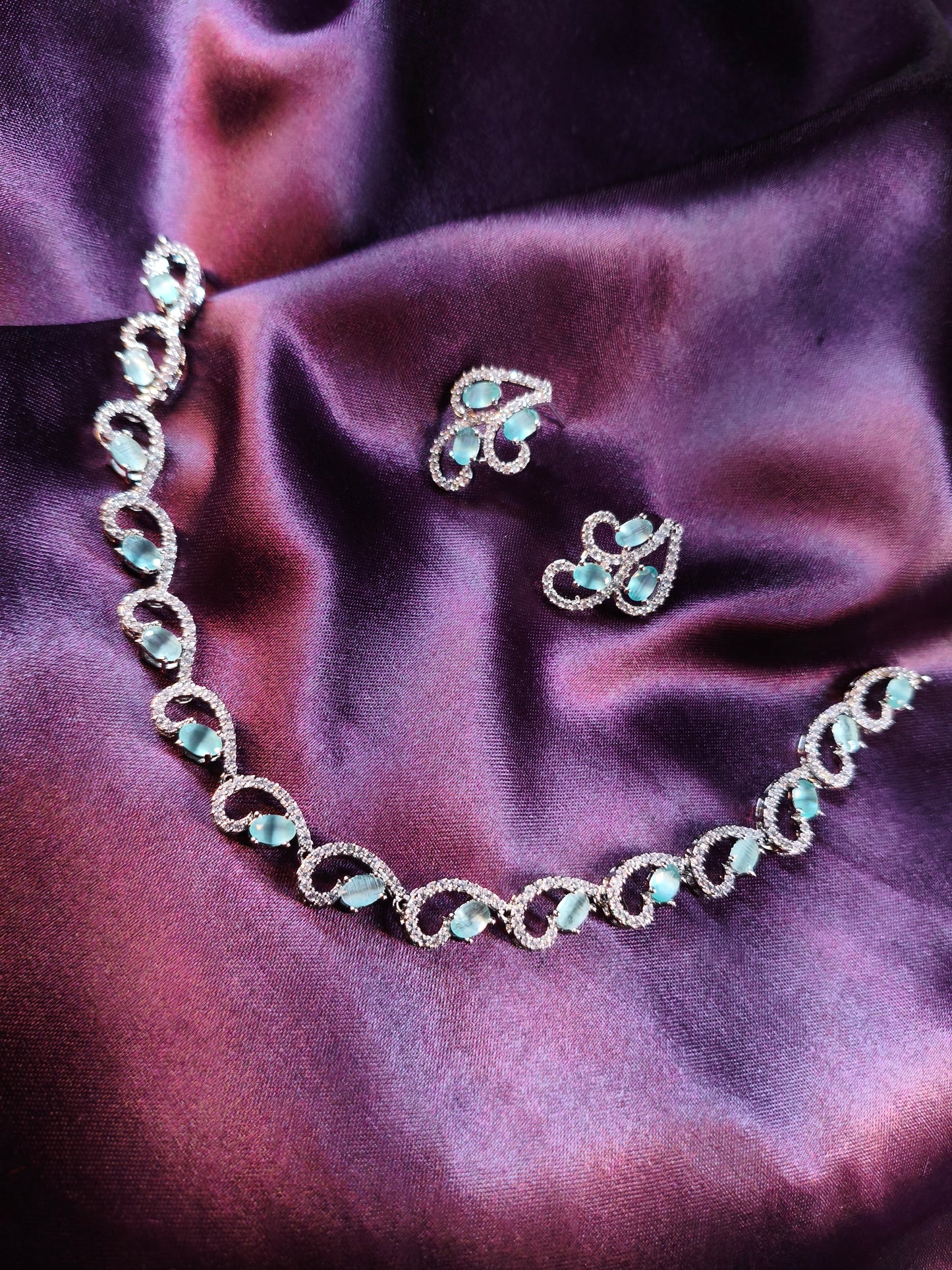 Aqua Heart Wave CZ Necklace Set