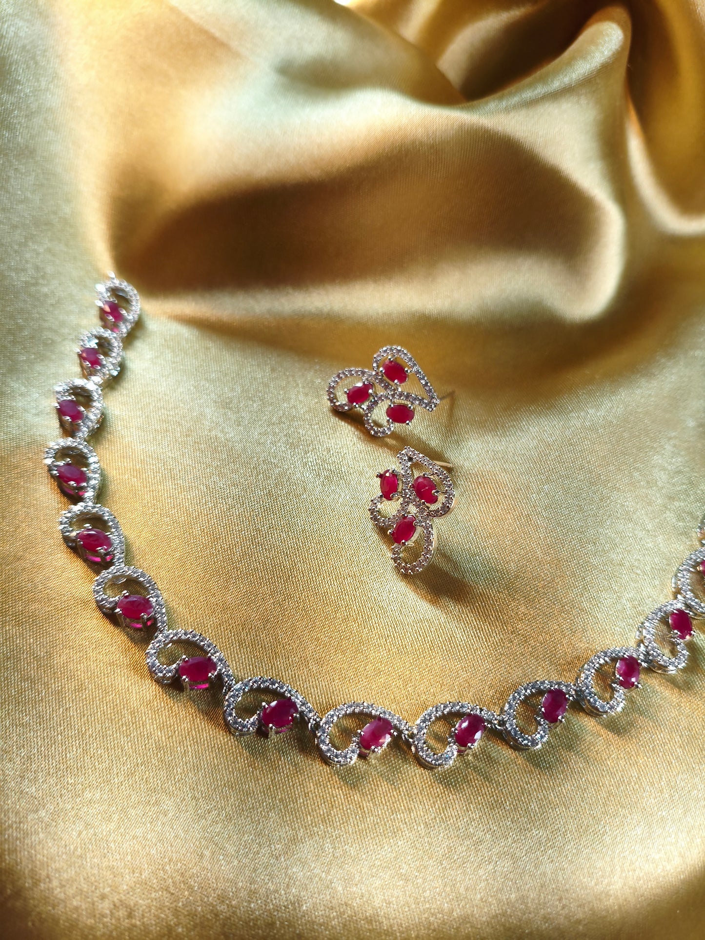 Ruby Heart Wave CZ Necklace Set