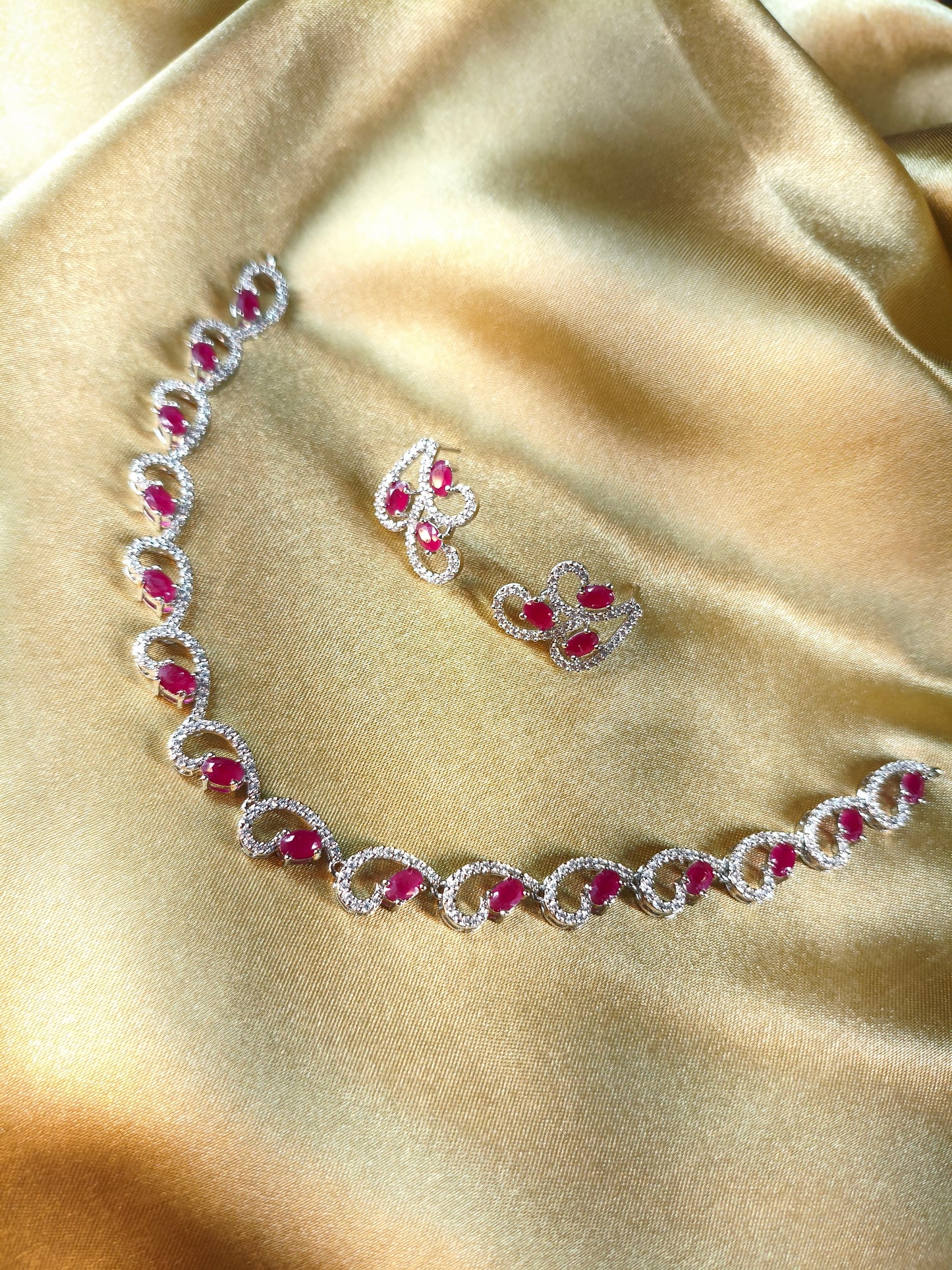 Ruby Heart Wave CZ Necklace Set