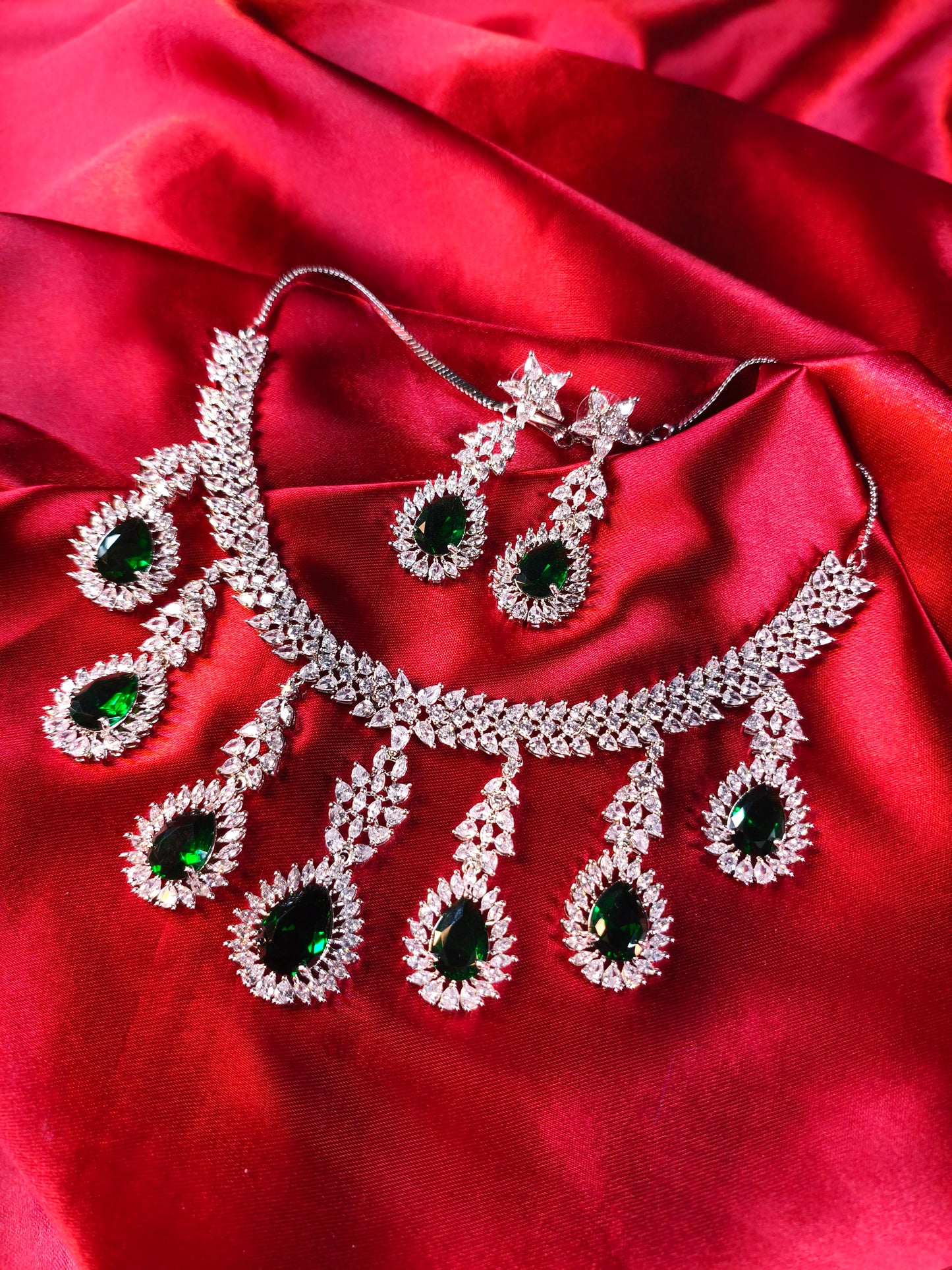 Emerald Cascade CZ Bridal Necklace Set