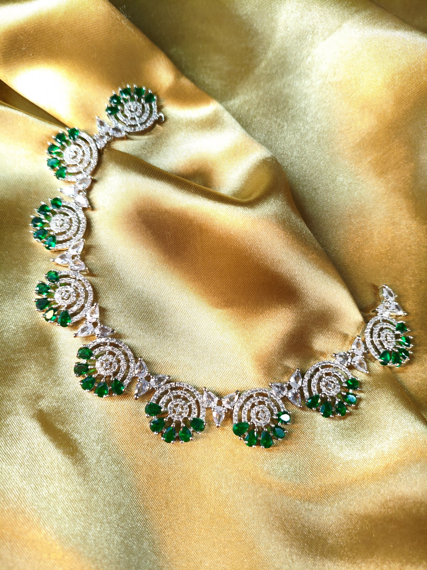 Emerald Spiral CZ Necklace with Earrings & Maangtikka