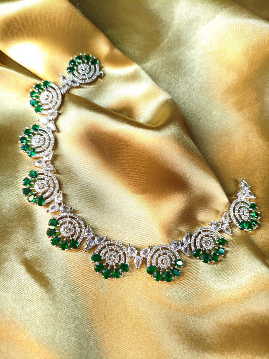 Emerald Spiral CZ Necklace with Earrings & Maangtikka