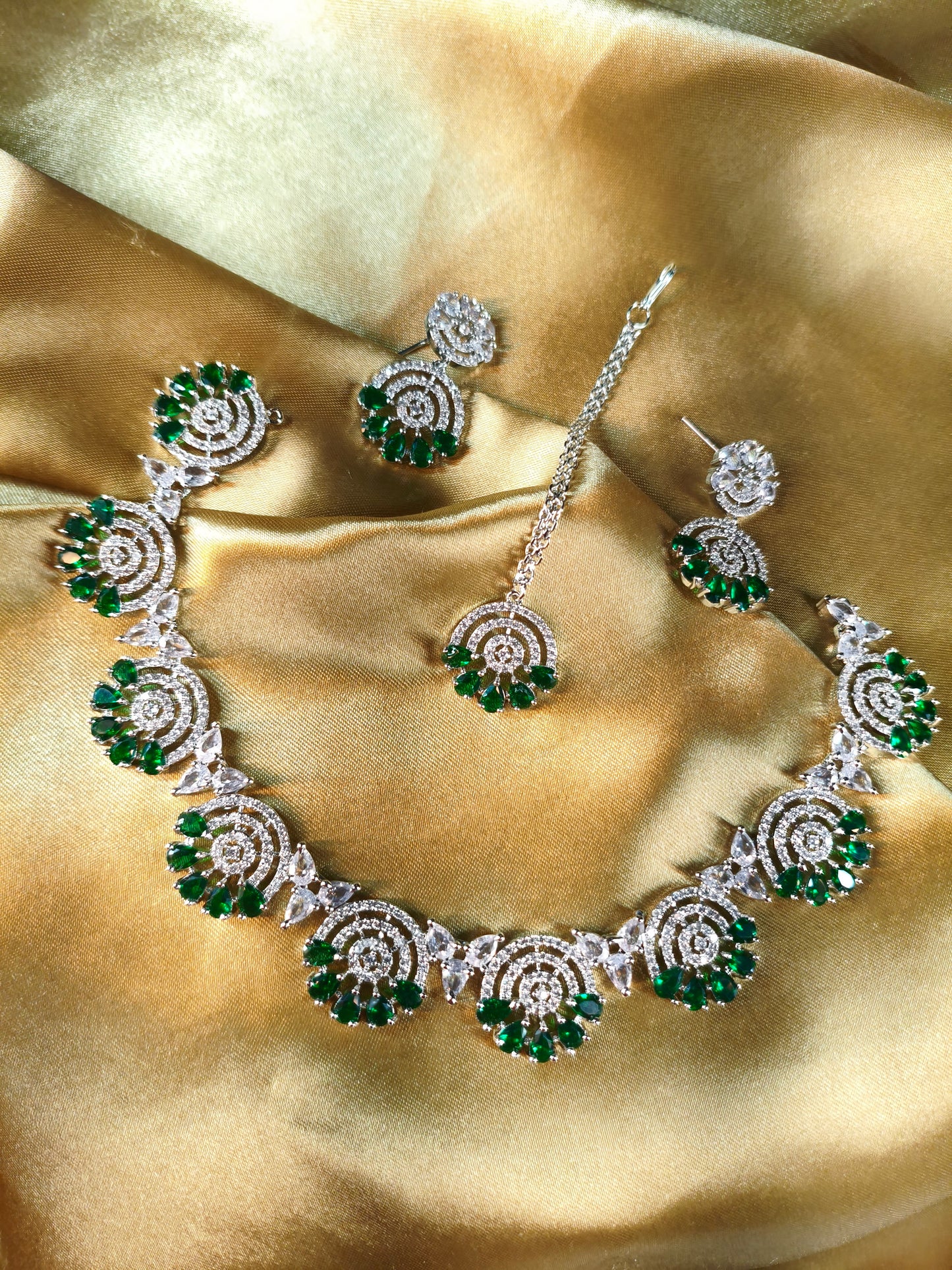 Emerald Spiral CZ Necklace with Earrings & Maangtikka