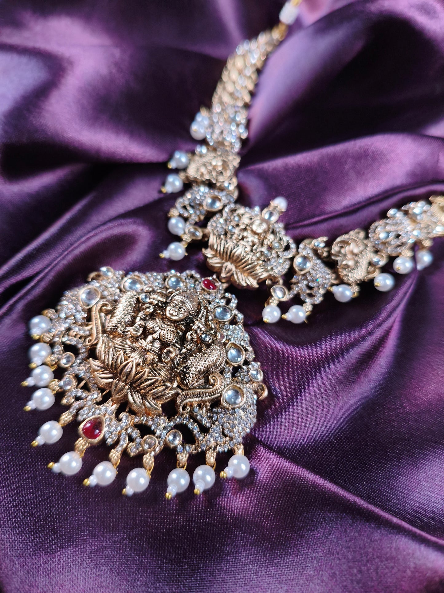 Lakshmi Temple Necklace Set with Pearl Drops