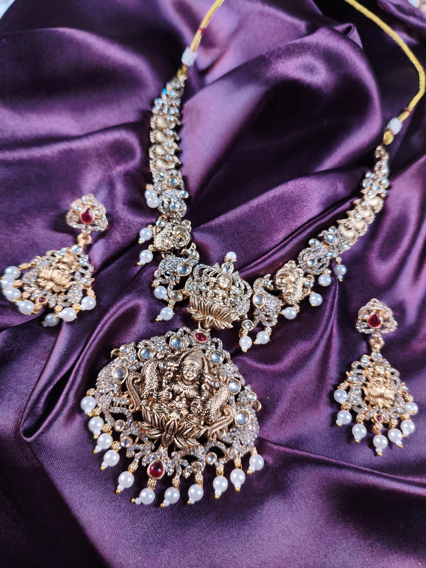 Lakshmi Temple Necklace Set with Pearl Drops