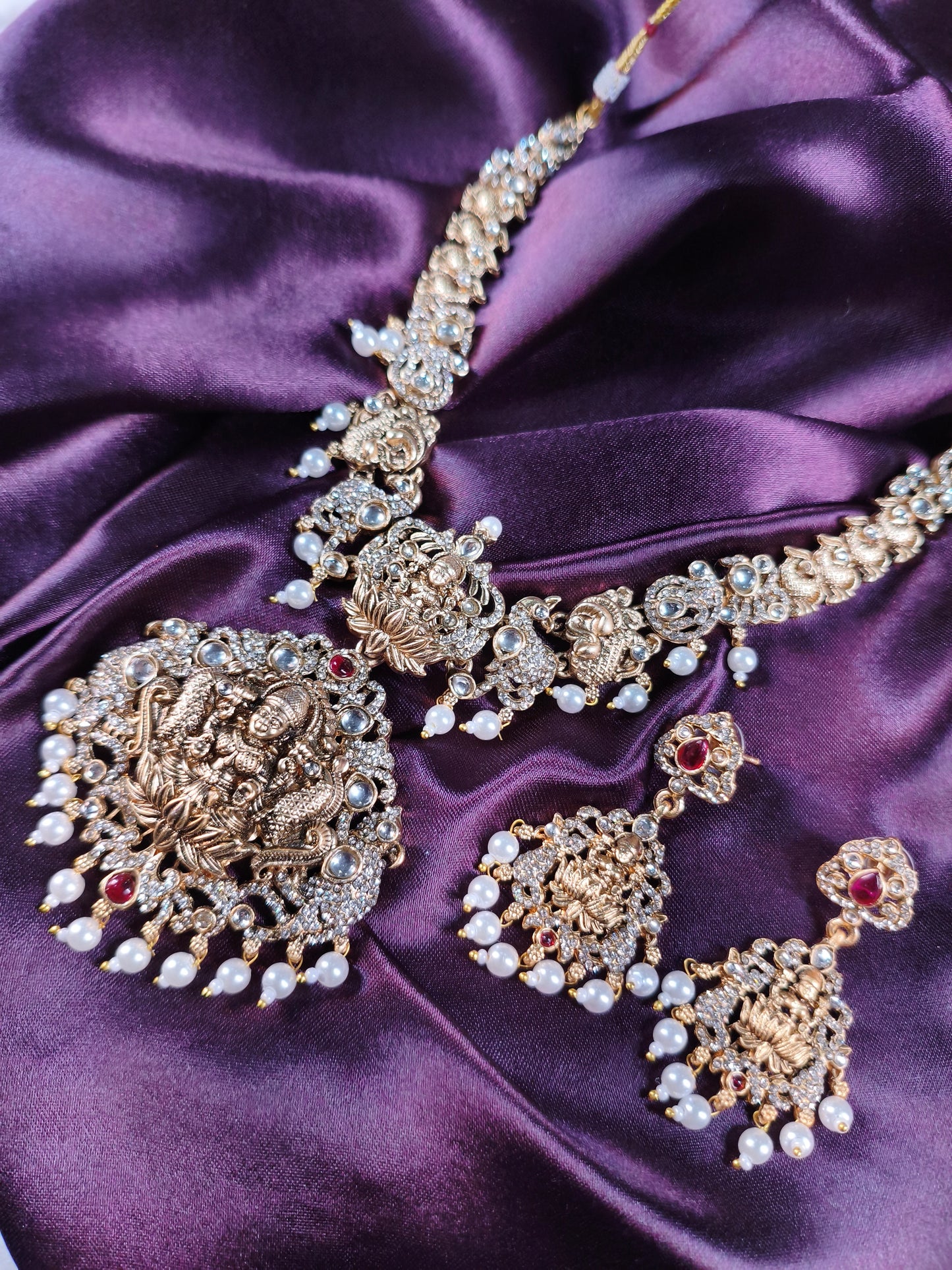 Lakshmi Temple Necklace Set with Pearl Drops