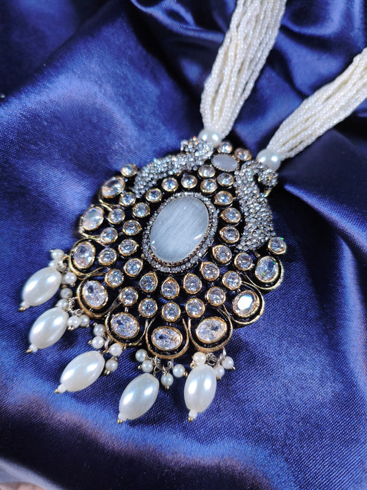Moonstone Halo Kundan Pearl Necklace Set
